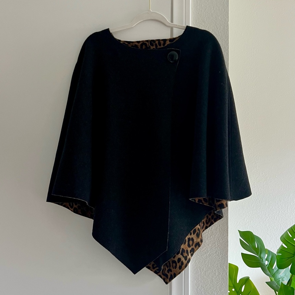 Leopard Poncho One Size Womens Animal Print Reversible Black Brown Wool Blend - Picture 3 of 4